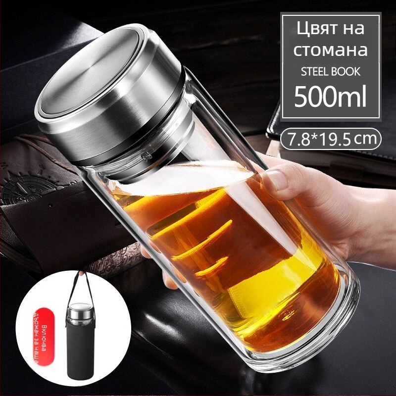 Двуслойна чаша за чай от боросиликатно стъкло с капак и филтър – против протичане, възможност за персонализирано лого, офисен подарък за мъже