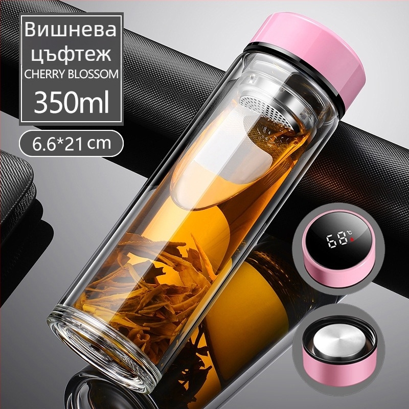 Двуслойна чаша за чай от боросиликатно стъкло с капак и филтър – против протичане, възможност за персонализирано лого, офисен подарък за мъже