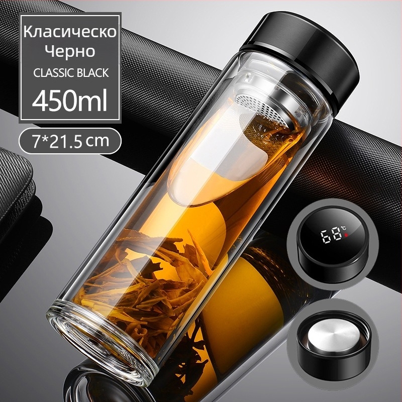 Двуслойна чаша за чай от боросиликатно стъкло с капак и филтър – против протичане, възможност за персонализирано лого, офисен подарък за мъже