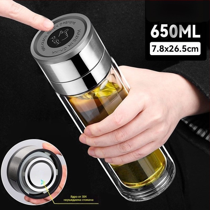 Чаша за чай от двойно стъкло боросиликат за автомобил, антиизгаряща изолация и капак с еднокликово отваряне