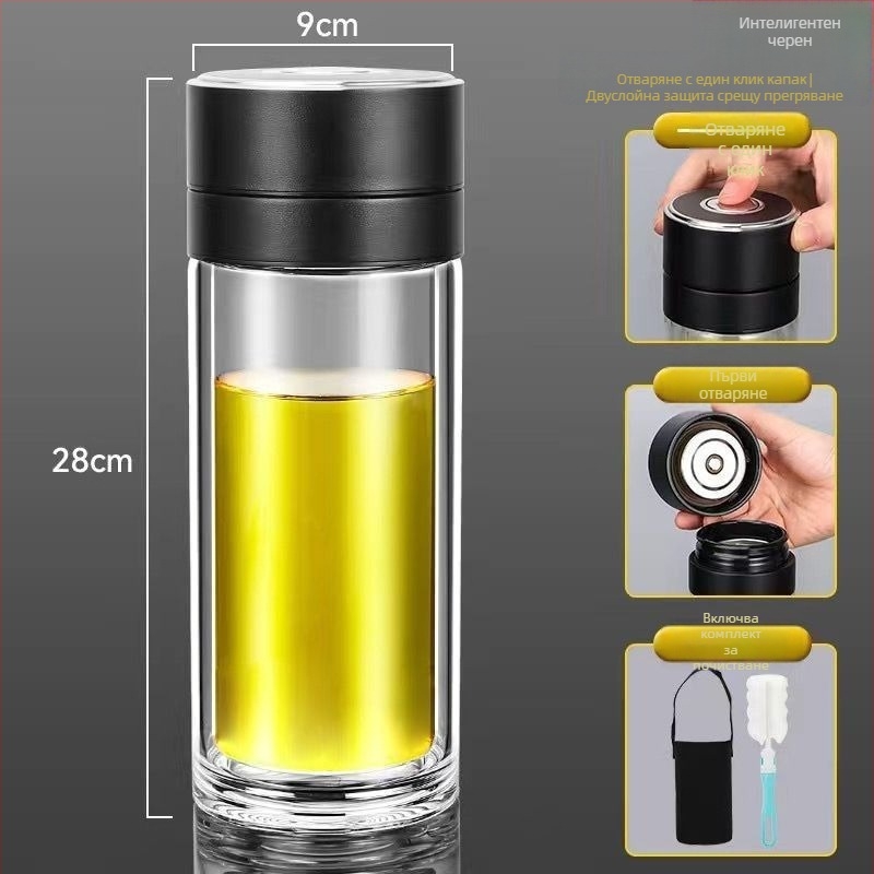 Чаша за чай от двойно стъкло боросиликат за автомобил, антиизгаряща изолация и капак с еднокликово отваряне