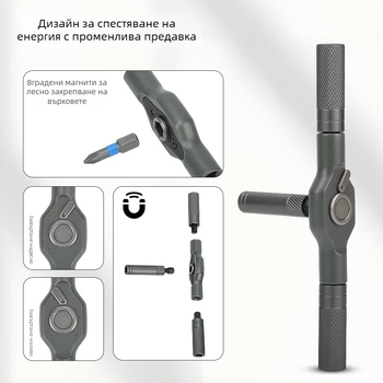 Многофункционална отвертка с механизъм за обратно завъртане и комплект битове, с върхове от S2 инструментална стомана