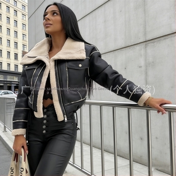 Женско PU кожено мотоциклетно яке с подплата от агнешова вълна, тясна кройка, лацкан яка и цип