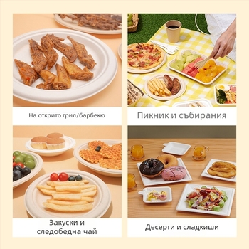 Кръгла еднократна чиния за хранене от захарна тръстинова целулоза, биоразградима, дебела конструкция, подходяща за микровълнова, опаковка 20 бр