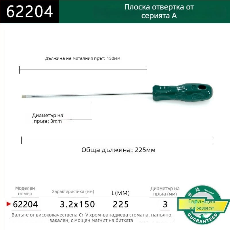 Плоска отвертка серия А 62202-222, пластмасова дръжка, хром-ванадиева сплав, силен магнит