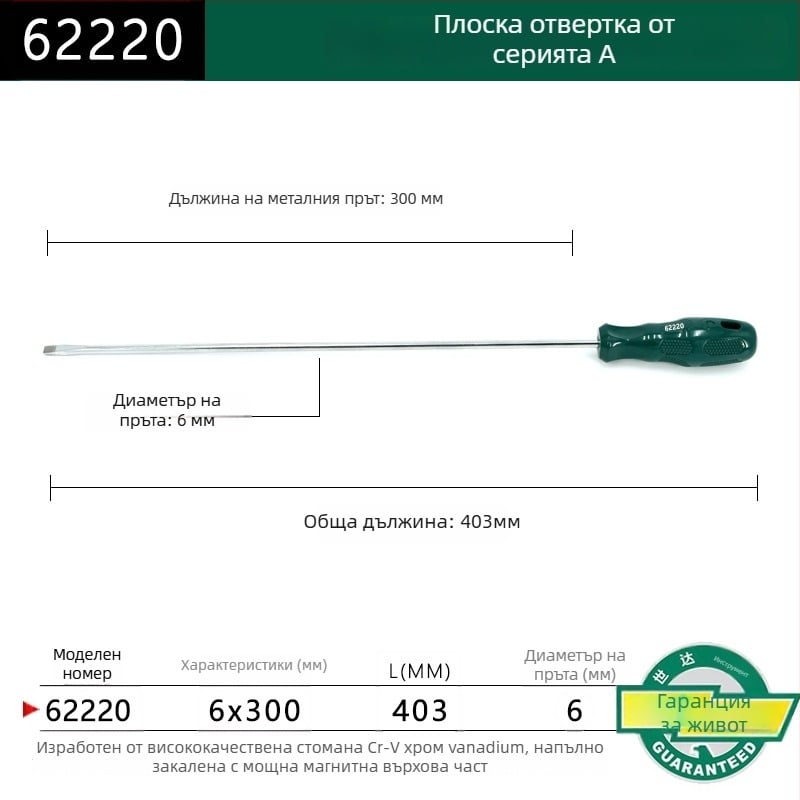 Плоска отвертка серия А 62202-222, пластмасова дръжка, хром-ванадиева сплав, силен магнит