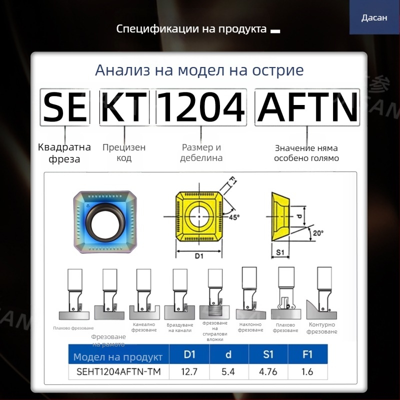 Dasan SEKT1204AFTN CNC фрезова пластина, четиристранна геометрия, неръждаема стомана, закалена стомана