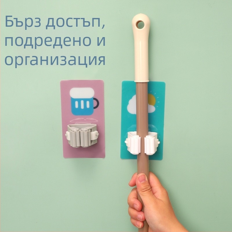 Безпробивен държач за моп и кука, стенен монтаж, безшевно съхранение за баня, пластмасов, единична кука, 1–3 кг