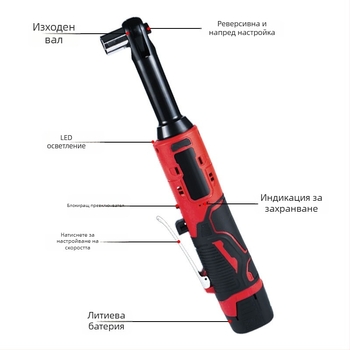 Електрически гайков ключ, 18V, регулируема глава 90°, презареждаема литиева батерия, 57 Nm въртящ момент, тегло 2,3 кг