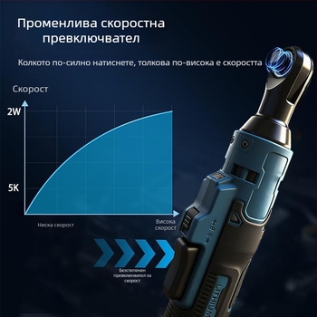 Електрически гайков ключ с обратен ход, 90° ъгъл, 21V литиево-акумулаторна батерия, въртящ момент 80 Nm, тегло 0,9 кг