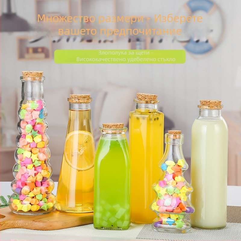 Стъклена бутилка за чай със коркова тапа, кръгла форма, високо бяло стъкло; персонализирано лого; матово покритие.