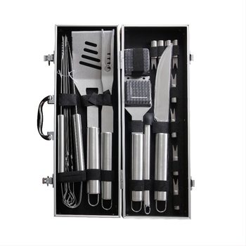 21-частен комплект неръждаема стомана за барбекю на открито – многофункционални къмпинг аксесоари за грил (щипка, четка, вилица, лопатка)