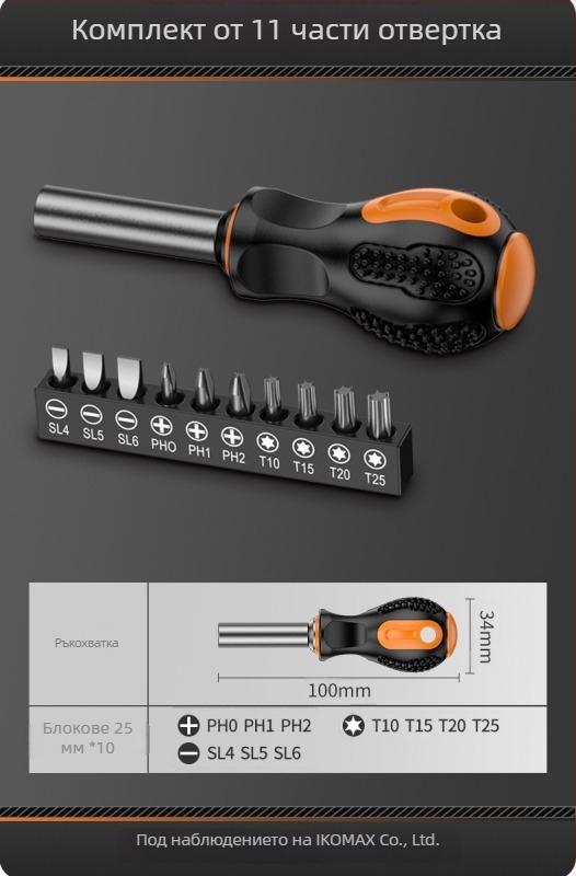 Комплект отвертки от въглеродна стомана с въртящ се механизъм и сменяеми битове, включващ версии 19-в-1 и 9-в-1 и електрическа отвертка 3,6V с магнитни битове
