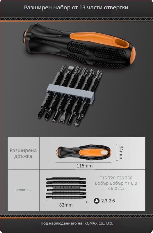 Комплект отвертки от въглеродна стомана с въртящ се механизъм и сменяеми битове, включващ версии 19-в-1 и 9-в-1 и електрическа отвертка 3,6V с магнитни битове