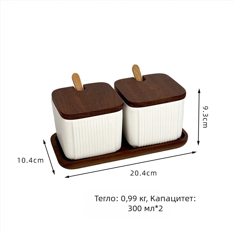 Керамичен комплект съдове за подправки за домашна употреба — светъл лукс стил, квадратен вертикален райе дизайн, съд за сол, печат на лого и персонализация