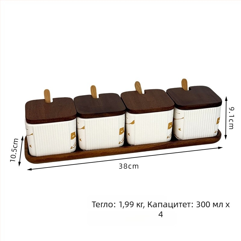 Керамичен комплект съдове за подправки за домашна употреба — светъл лукс стил, квадратен вертикален райе дизайн, съд за сол, печат на лого и персонализация