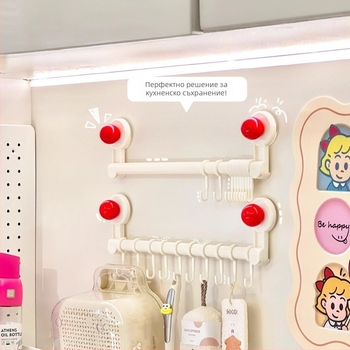 Кухненски държач в ред за стенен монтаж с вакуумни чашки, без пробиване, многофункционална поставка за прибори (лъжици, лопатки); Материал: PP+PET; Тегло: 300 g; Обработка: пръскано боядисване; Стил: модерен минимализъм