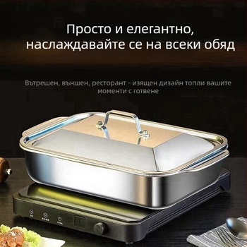 Тава от неръждаема стомана с капак за грил на риба, правоъгълна дълбока тава за индукционни печки, професионално барбекю за раци