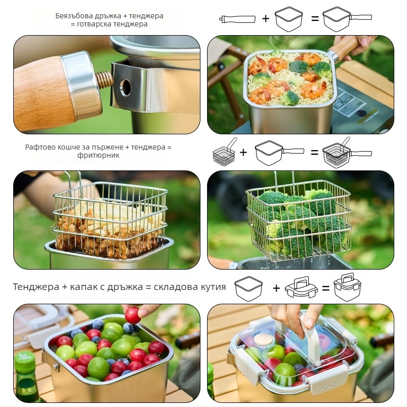 Квадратна тенджера от неръждаема стомана, многофункционална, корейски стил, за варене и пържене