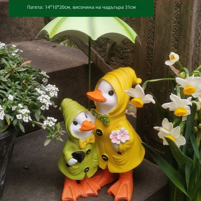 Патица градинска украса за открито – ръчно рисувана скулптура от синтетична смола за двор, тераса и балкон, устойчива на атмосферните условия