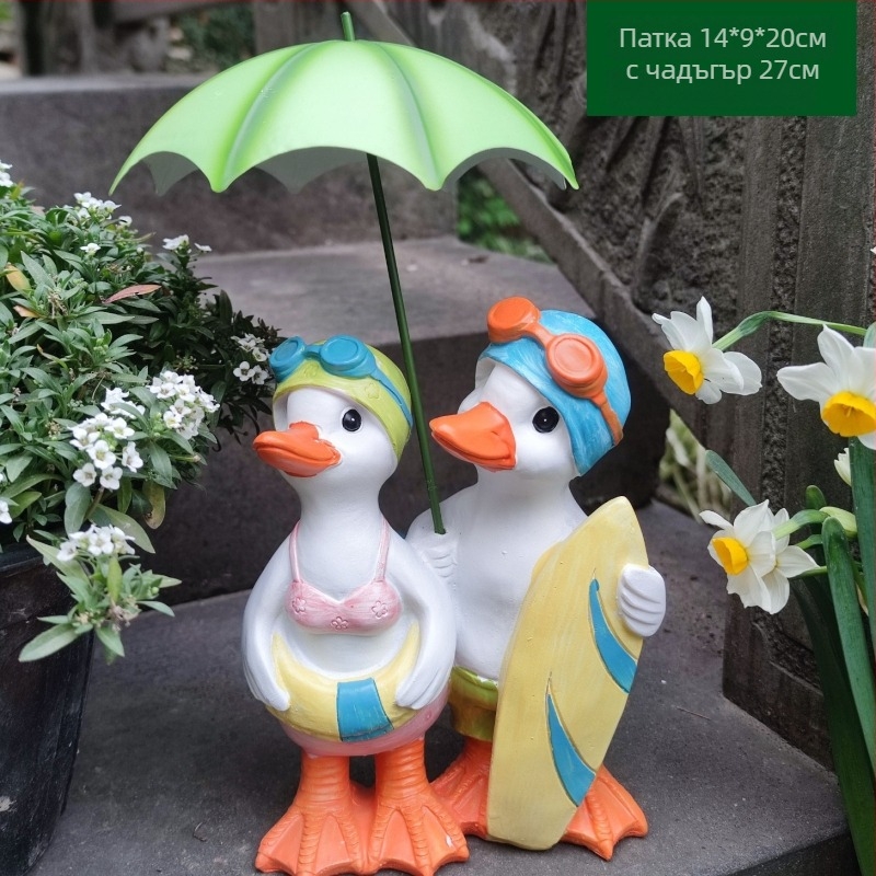 Патица градинска украса за открито – ръчно рисувана скулптура от синтетична смола за двор, тераса и балкон, устойчива на атмосферните условия