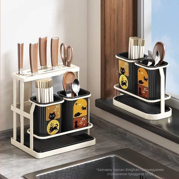 Кухненски органайзер в антично-ретро стил, пластмасов, с държач за ножове и цилиндър за клечки, многофункционално съхранение за плот или стенен монтаж с дренаж