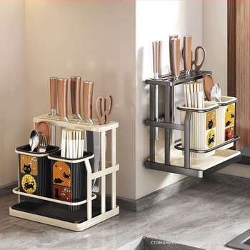 Кухненски органайзер в антично-ретро стил, пластмасов, с държач за ножове и цилиндър за клечки, многофункционално съхранение за плот или стенен монтаж с дренаж