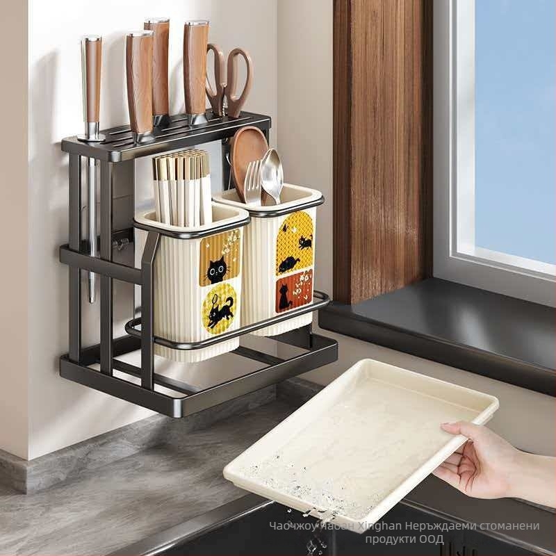 Кухненски органайзер в антично-ретро стил, пластмасов, с държач за ножове и цилиндър за клечки, многофункционално съхранение за плот или стенен монтаж с дренаж