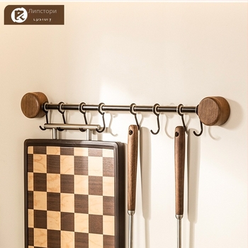 Стенно органайзер за кухненски прибори от орехово дърво, без пробиване, държач за шпатула и лъжица, многофункционално кухненско съхранение