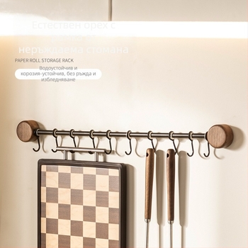 Стенно органайзер за кухненски прибори от орехово дърво, без пробиване, държач за шпатула и лъжица, многофункционално кухненско съхранение