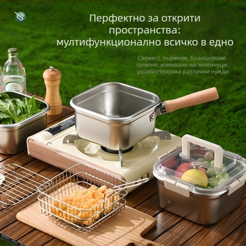 Квадратен дълбок съд за пържене, неръждаема стомана + ПП, многофункционален: пържене, пара и запазване на свежест, дълбочина 11,5 см, капак ПП