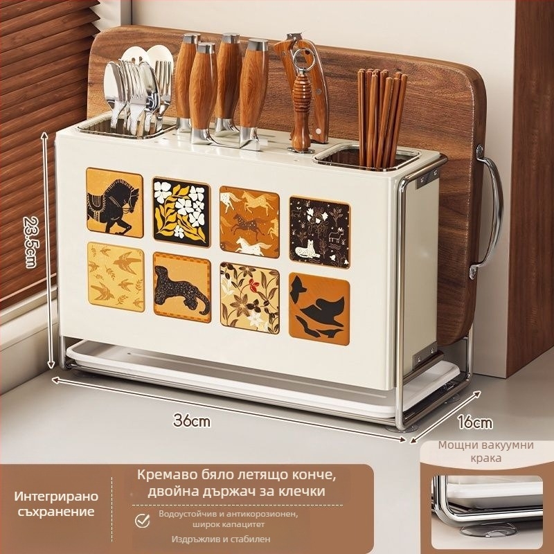 Кухненски стелаж за съхранение с държач за ножове и държач за клечки, държач за дъски — настолен и стенен монтаж, многофункционален, преносим, от карбонова стомана