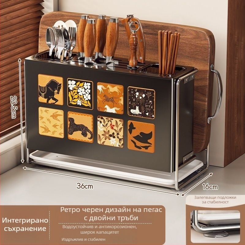 Кухненски стелаж за съхранение с държач за ножове и държач за клечки, държач за дъски — настолен и стенен монтаж, многофункционален, преносим, от карбонова стомана