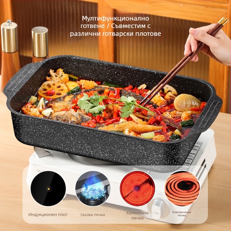 Грил тиган за риба, квадратен, въглеродна стомана, дебел дизайн, покритие против залепване, подходящ за индукционни печки