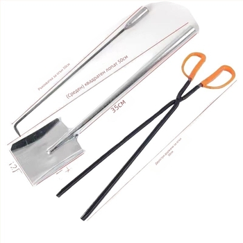 Комплект от три инструмента за барбекю: кука за огън, лопата за въглища и щипки за барбекю; мека стомана