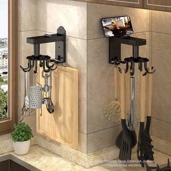 Кухненски стенен въртящ се държач за лопатки и лъжички, мултифункционален без пробиване, с 3+ реда закачалки, капацитет 5–10 кг, материали ABS/въглеродна стомана/алуминий