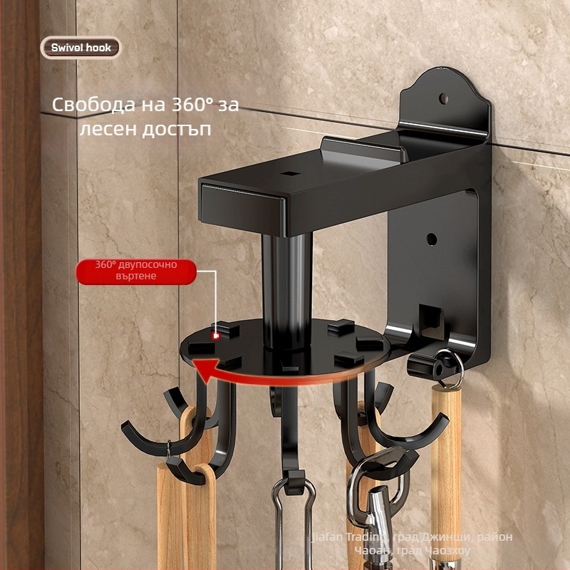 Кухненски стенен въртящ се държач за лопатки и лъжички, мултифункционален без пробиване, с 3+ реда закачалки, капацитет 5–10 кг, материали ABS/въглеродна стомана/алуминий