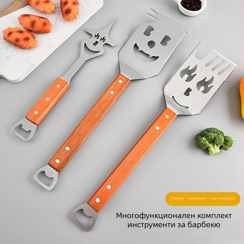 Комплект за барбекю от неръждаема стомана с дървени дръжки – 3 части: вилка, шпатула и щипки