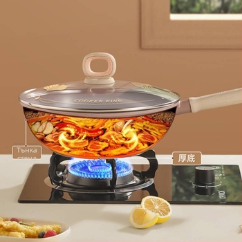 Cooker King вок тиган - незалепващ, плоско дъно, от алуминиева сплав, серия Pottery Crystal, съвместим с индукционни и газови плити