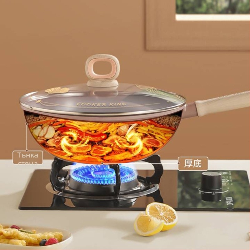 Cooker King вок тиган - незалепващ, плоско дъно, от алуминиева сплав, серия Pottery Crystal, съвместим с индукционни и газови плити