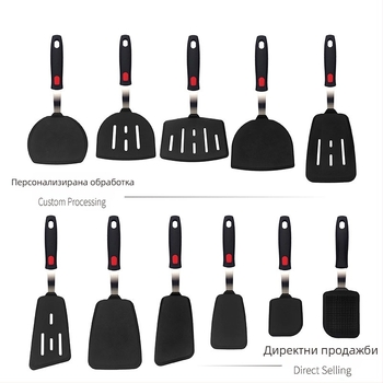 Teppanyaki силиконова шпатула с корпус от пружинна стомана и пластмасова дръжка; неплъзгаща се, термоустойчива, антиизгаряща.