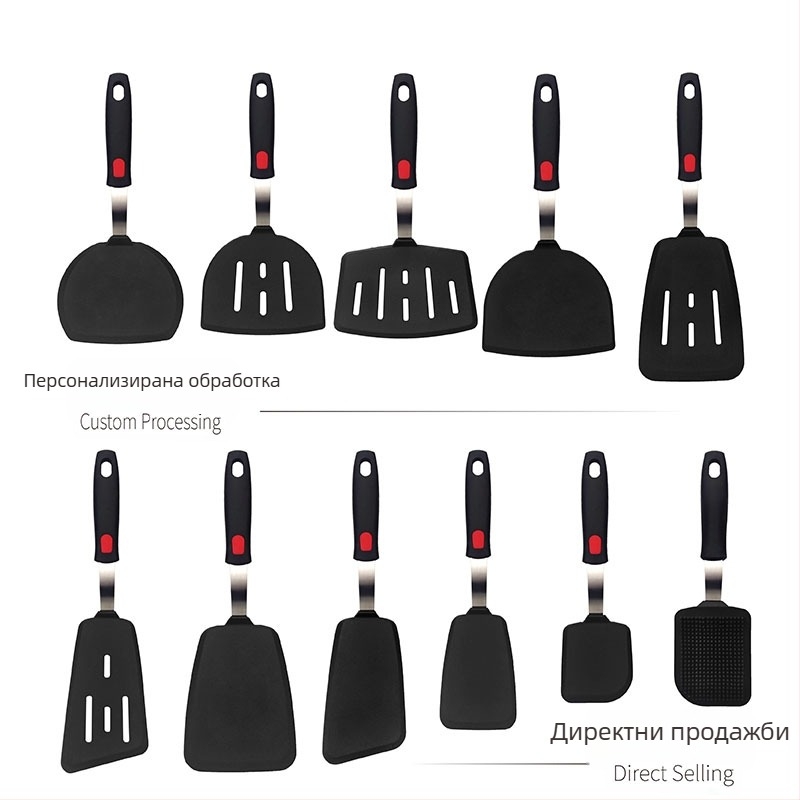Teppanyaki силиконова шпатула с корпус от пружинна стомана и пластмасова дръжка; неплъзгаща се, термоустойчива, антиизгаряща.