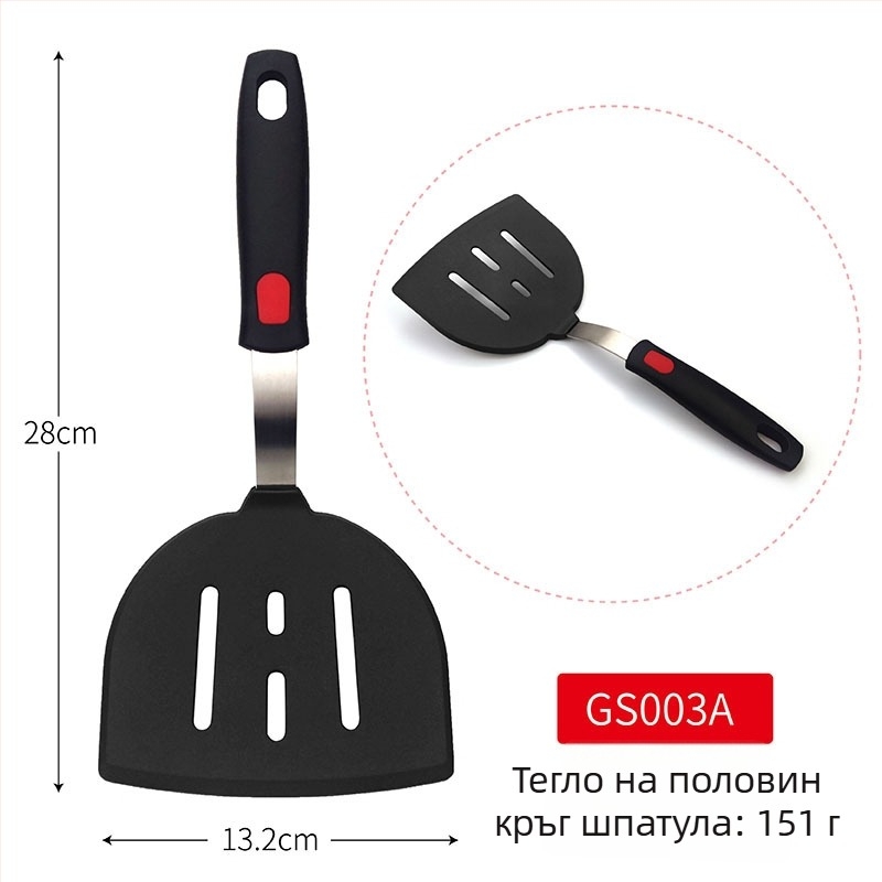 Teppanyaki силиконова шпатула с корпус от пружинна стомана и пластмасова дръжка; неплъзгаща се, термоустойчива, антиизгаряща.