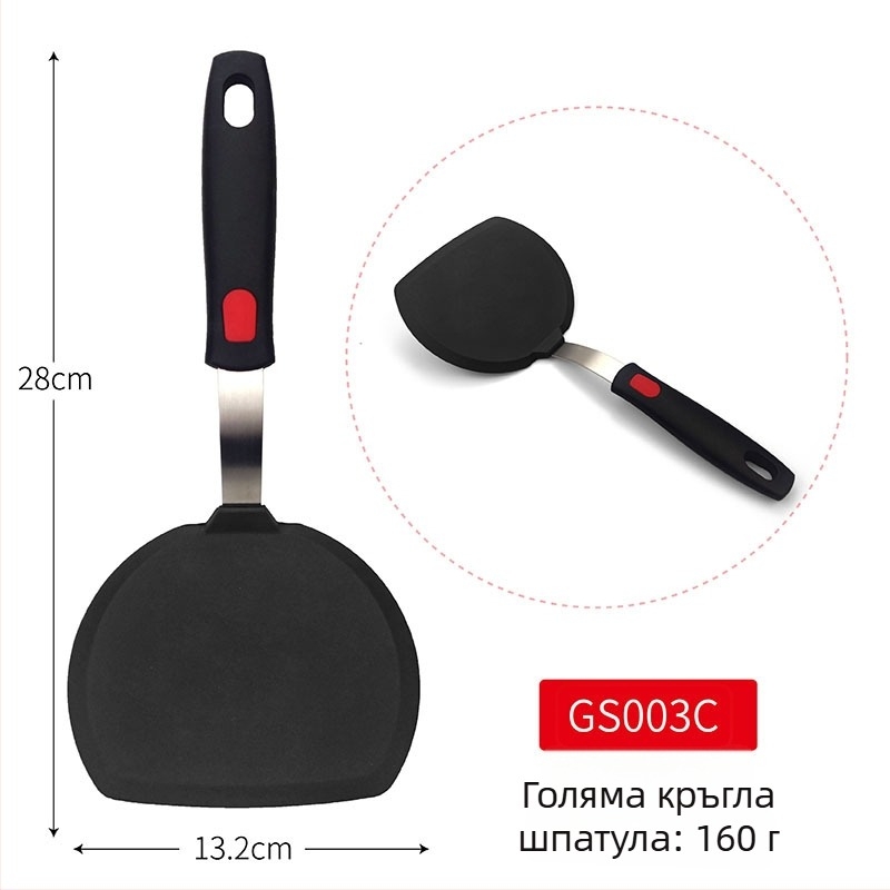 Teppanyaki силиконова шпатула с корпус от пружинна стомана и пластмасова дръжка; неплъзгаща се, термоустойчива, антиизгаряща.