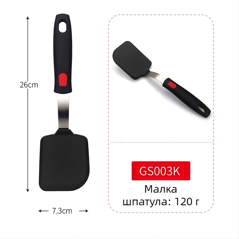 Teppanyaki силиконова шпатула с корпус от пружинна стомана и пластмасова дръжка; неплъзгаща се, термоустойчива, антиизгаряща.