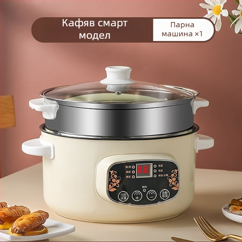 Електрическа мултифункционална тенджера за готвене, 1000–1200 W, обем 2–3 л, LCD дисплей, таймер, регулатор на температурата и защита срещу пресъхване