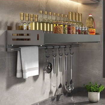 Стенен рафт за подправки без пробиване, стенен монтаж, карбонова стомана, правоъгълен дизайн