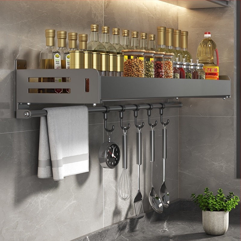 Стенен рафт за подправки без пробиване, стенен монтаж, карбонова стомана, правоъгълен дизайн