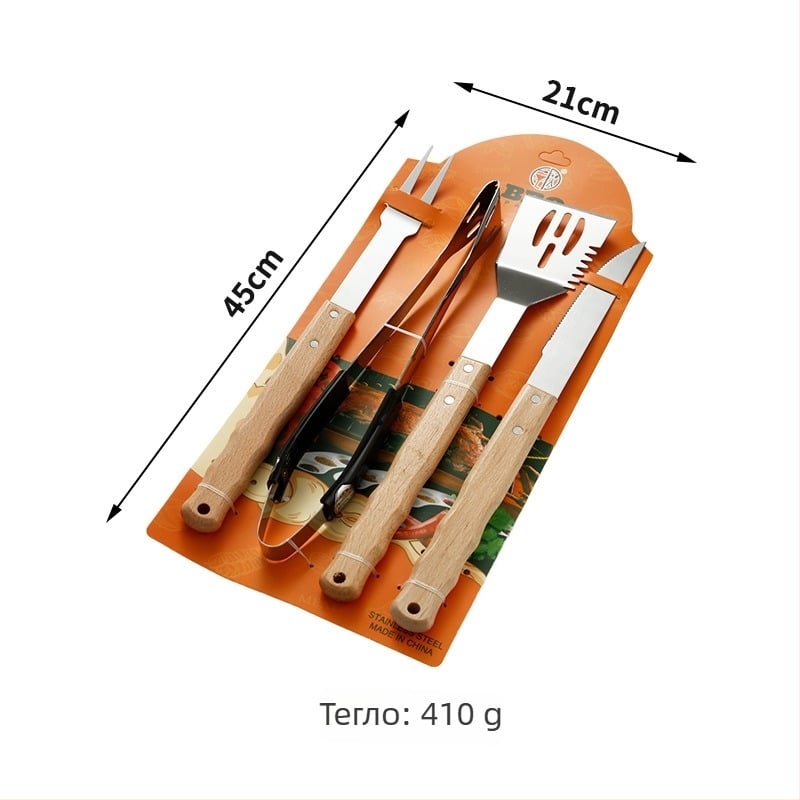 Стоманен комплект за барбекю: нож, клипс, вилица и шпатула