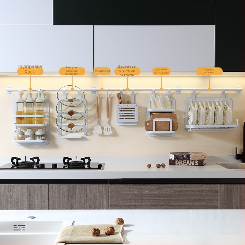 Кухненски стенен рафт за съхранение, без пробиване, алуминиев, многофункционален и подвижен, L-образен дизайн